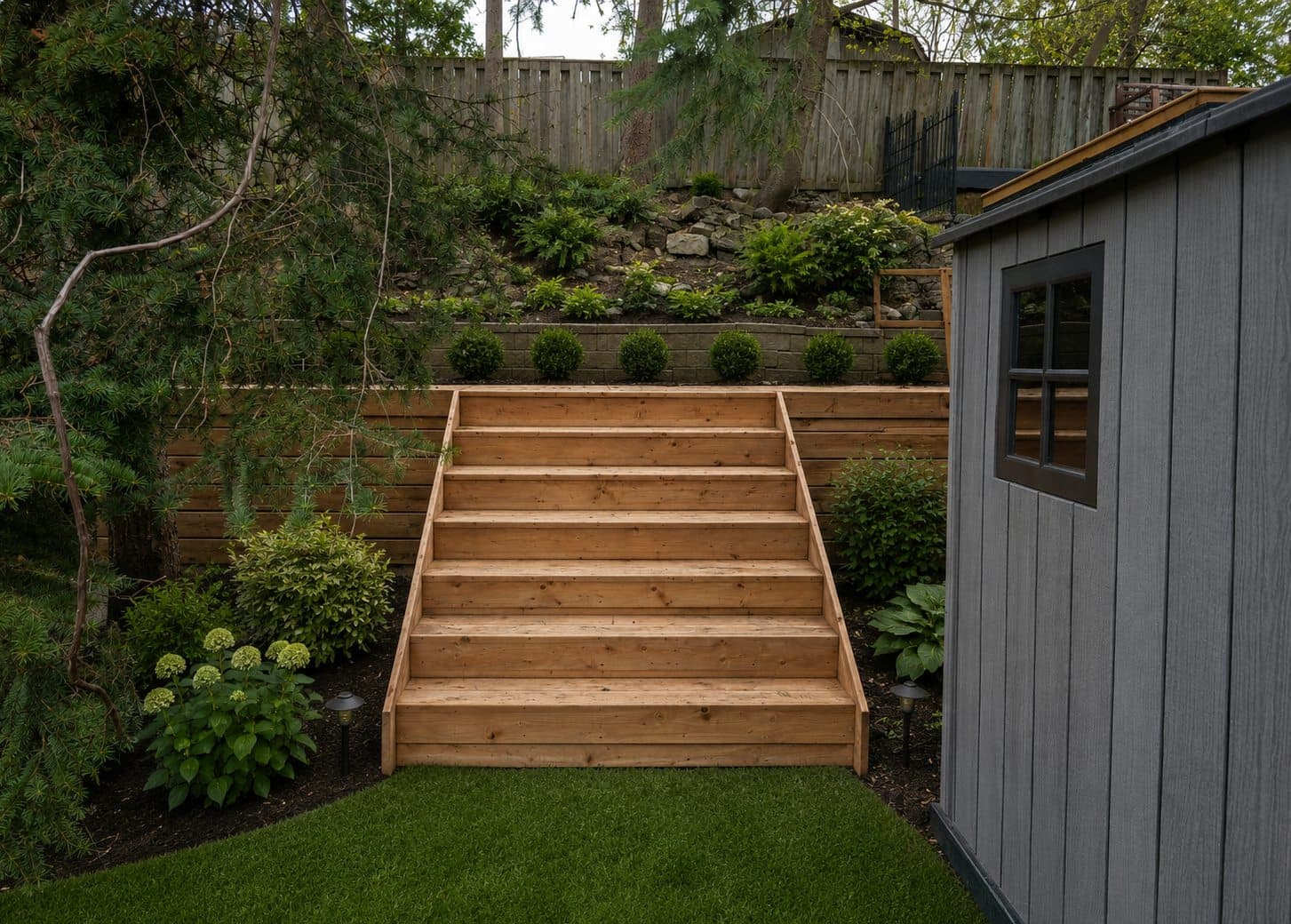 Wide cedar garden steps built into a retaining wall with planted beds and path lighting