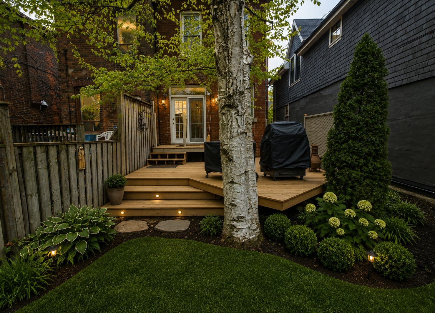 Rebuilt pressure-treated backyard deck at dusk with stair lighting and planted borders
