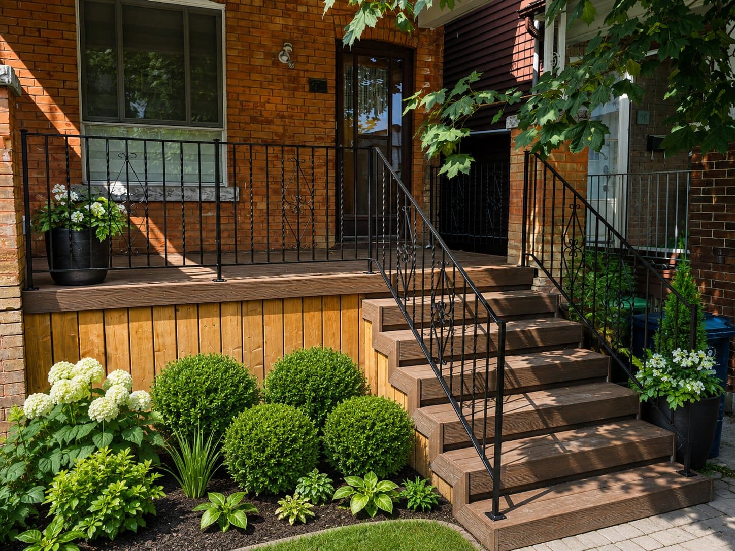 Front porch and wide entry steps with wrought-iron railings on a Toronto brick home